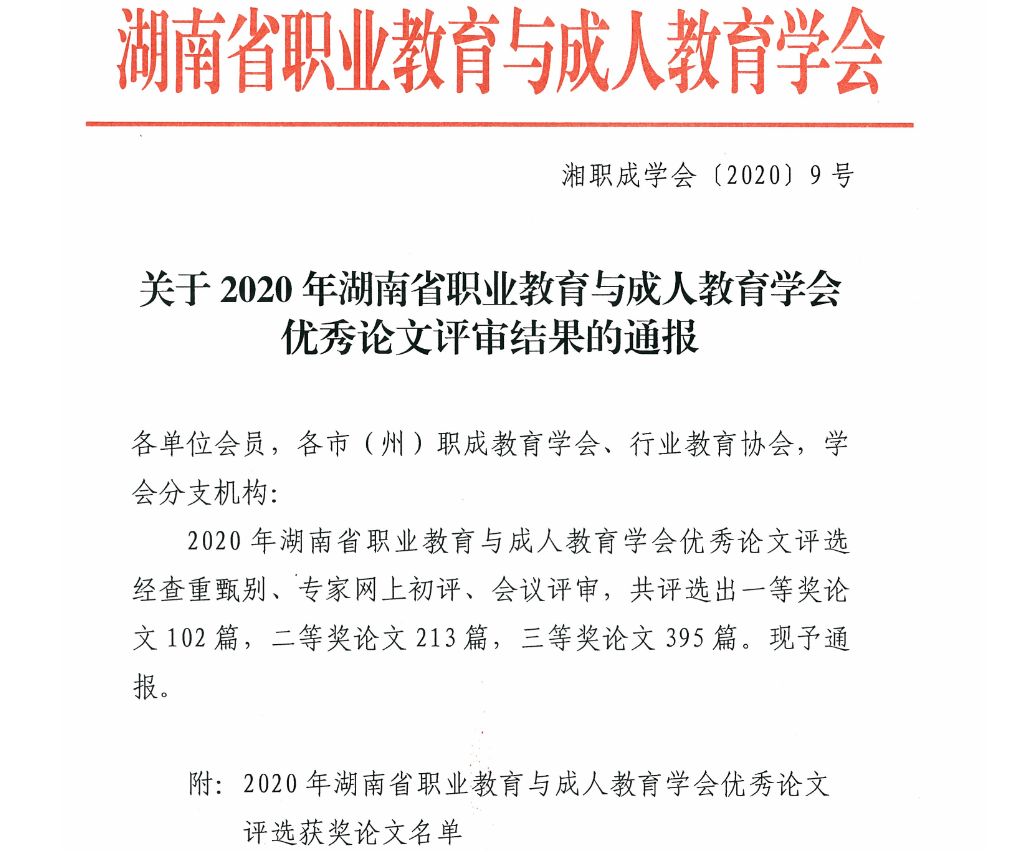 关于2020年湖南省职业教育与成人教育优秀论文获奖名单的通告